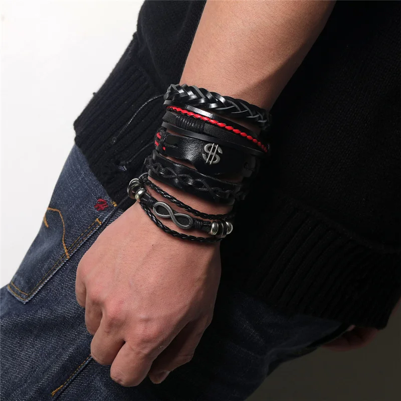 21 стиль металлический Многослойный кожаный браслет мужские ювелирные изделия винтажные, в виде листика перо браслеты с кулоном в форме бесконечности браслеты панк мужской браслет