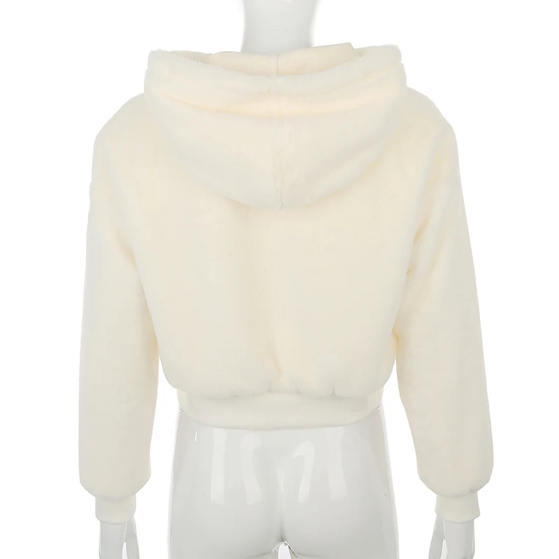 IAMHOTTY Shaggy Hoody, зимняя белая женская куртка, пальто, тонкая талия, на молнии, теплая плюшевая куртка, повседневные женские пальто из искусственного флиса