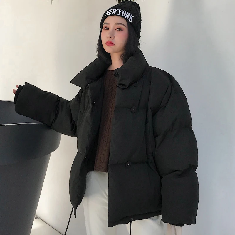 

Korean Style 2019 Winter Jacket Women Stand Collar Breasted Buttons Padded Female Coat Outwear Oversize Loose Short Parka