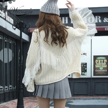

Woman Coarse Wool Knit Cardigans Sweaters Mesh Gauze Patchwork Ruffled Long Sleeve Loose Jacket Coats For Women C-395