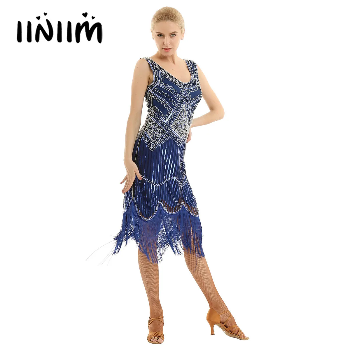 Womens Glitter Reflective Beaded Summer Dress for Jazz Dance Wear Fringed Tassels Hem Flapper Cocktail Leotard |