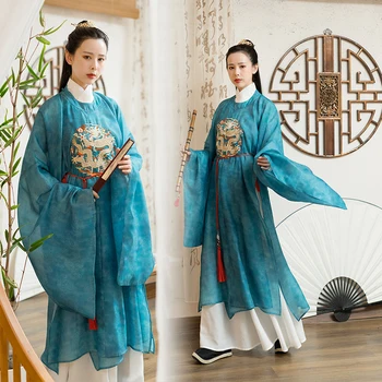

chinese traditional dress hanfu printing embroidery Round neck robe chinese style Couple outfit Unisex hanfu women cardigan sets