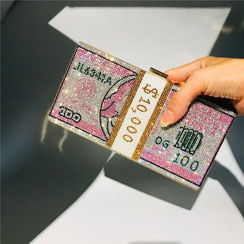 Money Clutch Rhinestone Purse 10000 Dollars Stack of Cash Evening Handbags Shoulder Wedding Dinner Bag shoulder bags,women evening bag