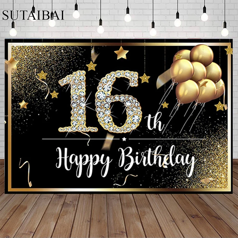 

16th Birthday Backdrop Gold Glitter Sprinkle Dots Happy Birthday Party Decoration for Adult Theme Background Balloons Banners