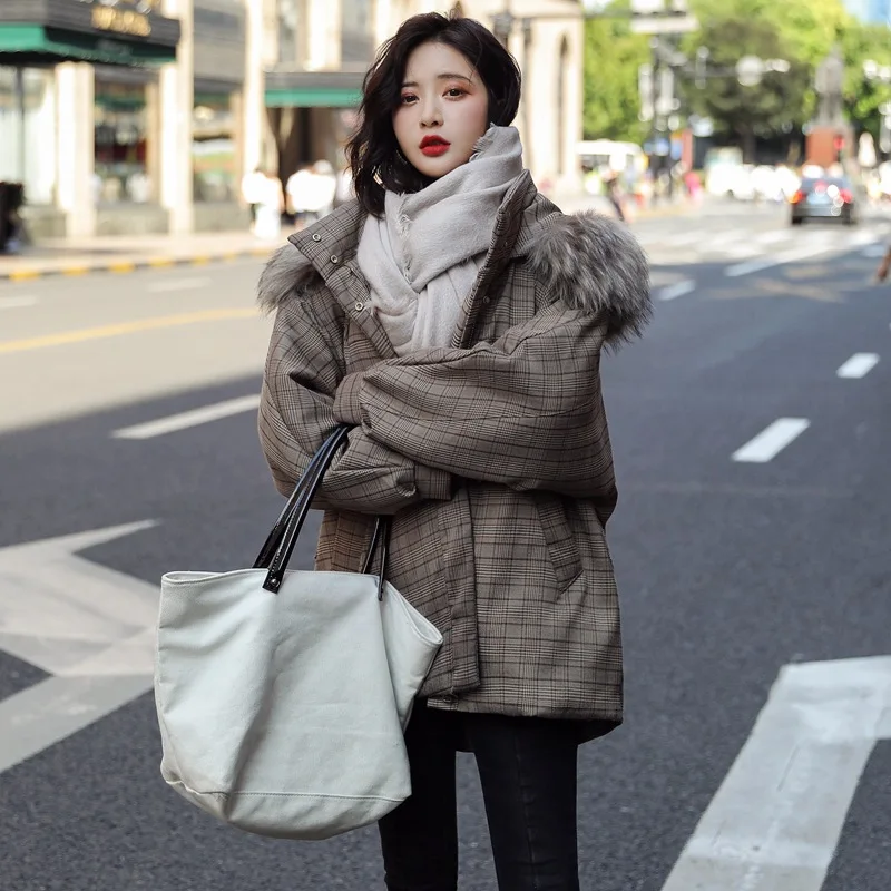 

Large Fur Collar Plaid Cotton-padded Clothes Women's 2019 New Style Short-height down Jacket Cotton-padded Clothes Mid-length Th