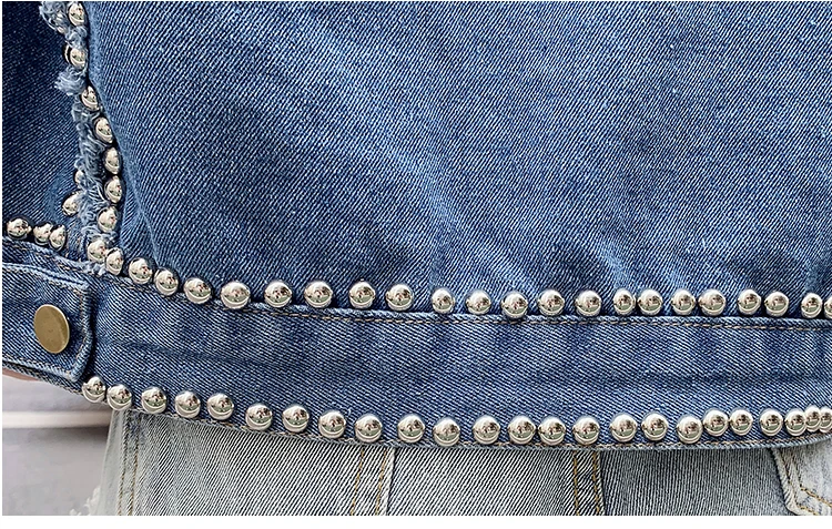 Autumn Women Harajuku Denim Jacket Coat Heavy Hand Beaded Rivet Short Jeans Jacket Student Basic Coats Outfit