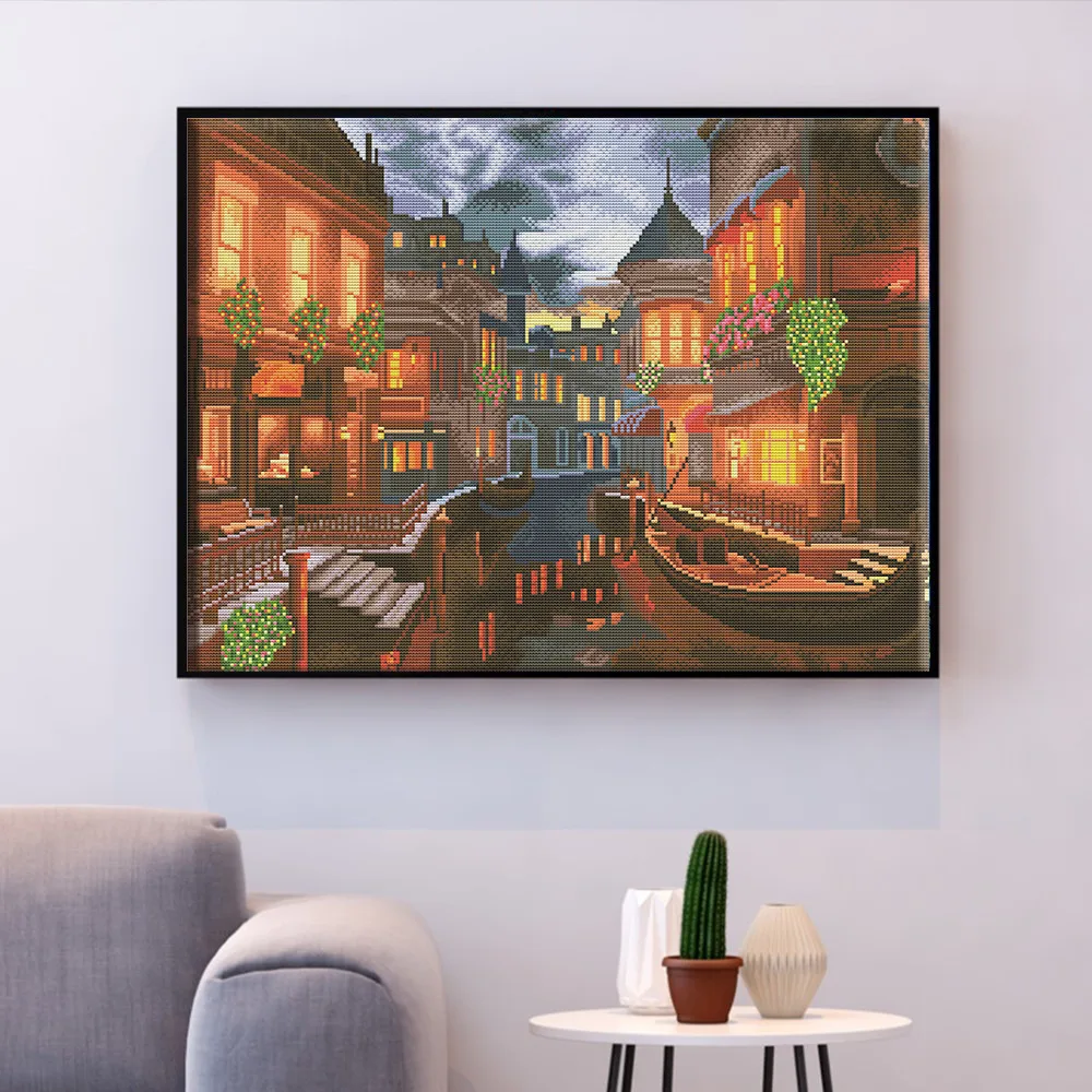 

HUACAN Cross Stitch Venice Scenery Needlework Sets Embroidery City Landscape Kits White Canvas DIY Home Decor 14CT 40x50cm