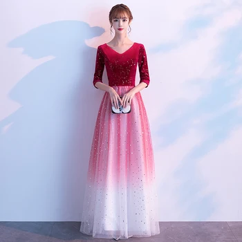 

AE496 Sexy Wine Red Long Evening Dresses 2020 Women's Tulle V-neck Zipper Formal Elegant Party Dresses