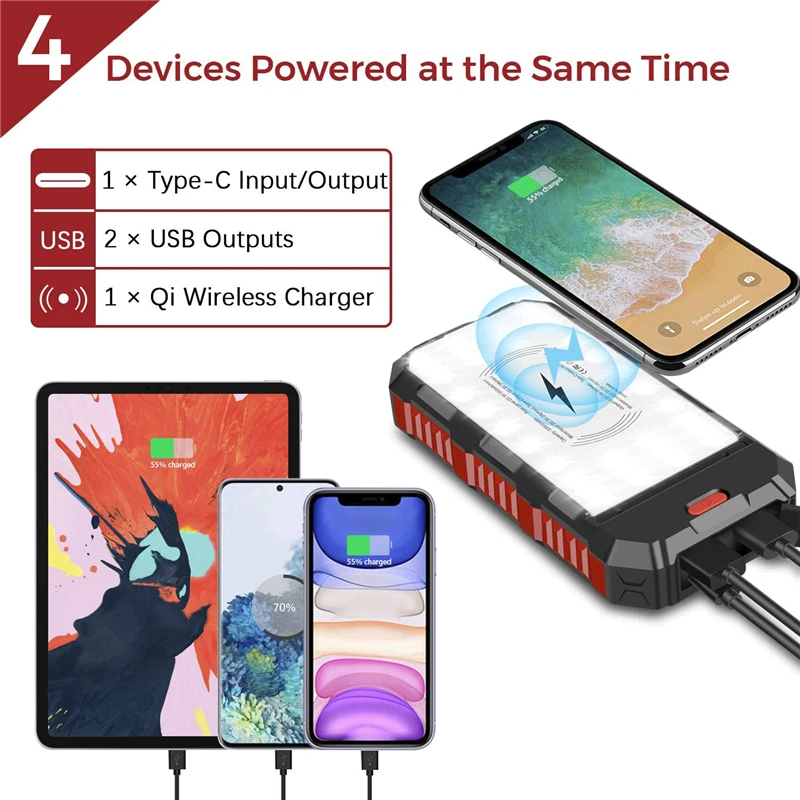 good power bank 30000mAh Solar Power Bank with Camping Light Qi Wireless Charger For iPhone Samsung Xiaomi Powerbank Portable Charger Poverbank power bank 30000mah