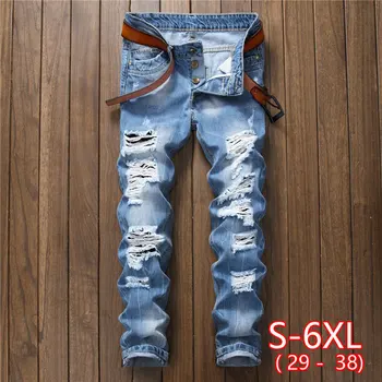 

Denim Trousers Straight Washed with Pleated Ripped holes button skinny biker jeans blue 2020 slim fit jeans men pants hot sale