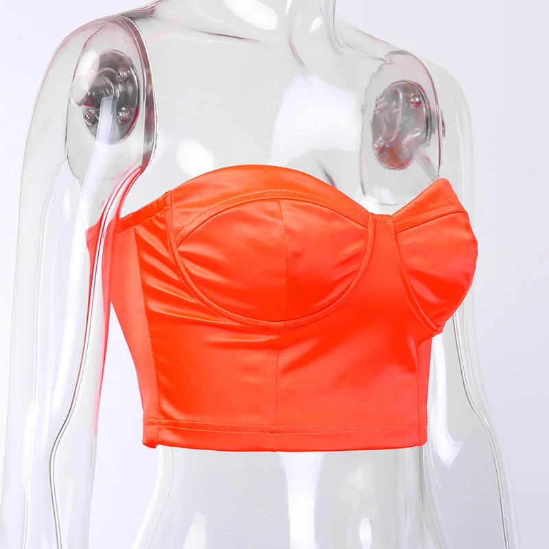 Летние модные женские розовые оранжевые укороченные женские топы без бретелек, сексуальная уличная одежда с открытыми плечами