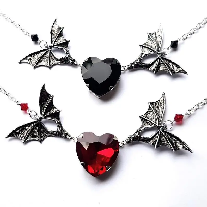 Silver plated Bat Necklace with Red Heart //Gothic //Bat //Halloween Jewelry //Vampire | Украшения и аксессуары