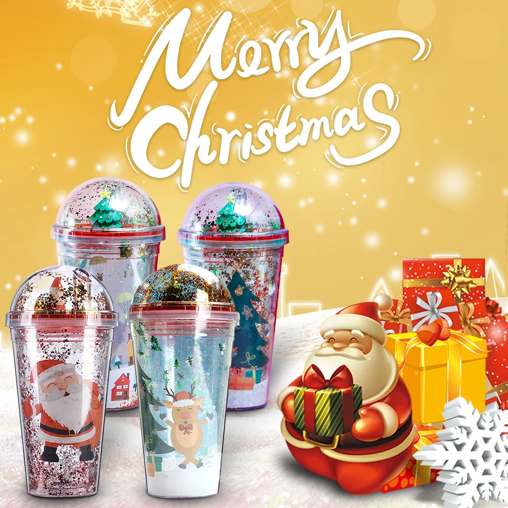 Christmas Santa Claus Straw Cup with Straw 500ml Double Wall Plastic Xmas  Cartoon Cute Glitter Tumbler Coffee Milk Mugs - AliExpress