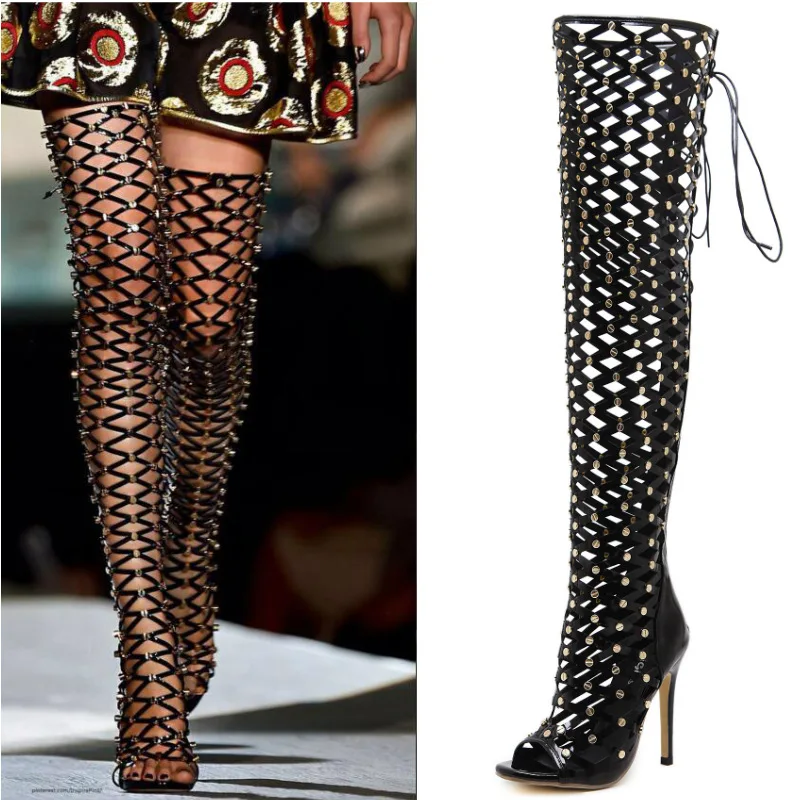 

Rivets Women Summer Long Gladiator Sandals Hollowed Out Strappy Thigh High Boots Sexy Female Party Prom Shoes High Heels Pumps