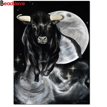 

5d Diy diamond painting black moon bull,full square round diamond embroidery rhinestone painting diamond mosaic cow art,