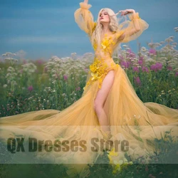 Yellow Tulle Prom Dress With 3D Flowers Floral Print Dress Sexy high Slit Asymmetrical Illusion Sleeve Prom Gowns Custom Made