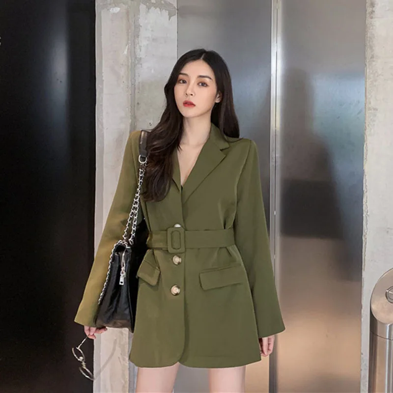 

Online Celebrity Small Suit 2019 Autumn New Style Retro Fashion Elegant Mid-length with Belt Design Suit Jacket Women's