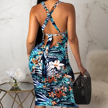 

Womens Ladies Sleeveless Summer Boho Printed Beach Casual Loose Sundress Tight Sexy Sling Hawaiian Dress