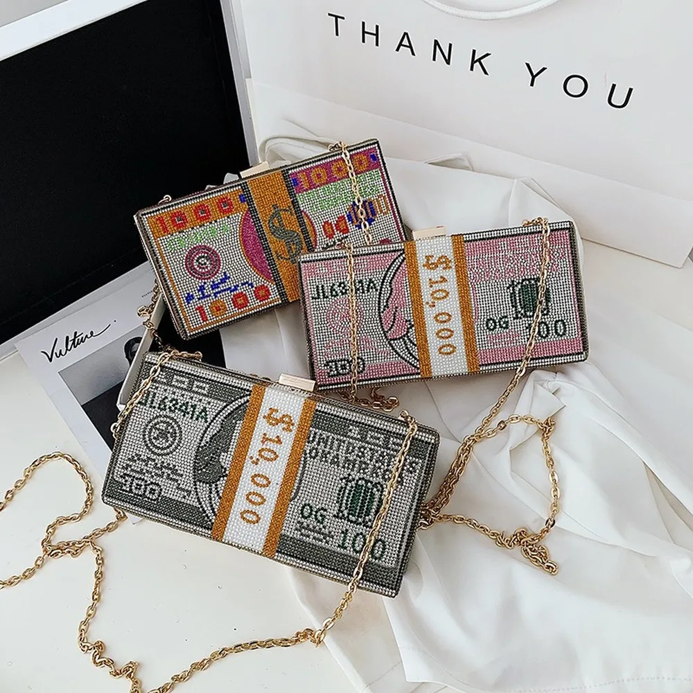 Bolso de cristal con diseño de dólar para la noche, Cartera de mano con diseño de diamantes de lujo, para fiestas, bodas y cenas