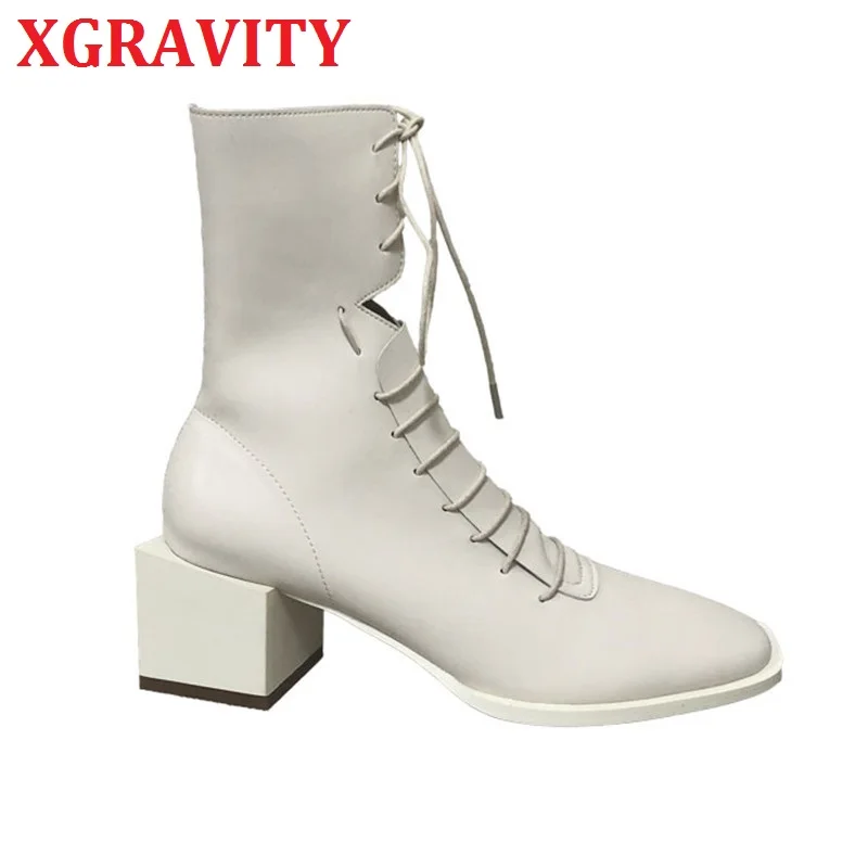 

XGRAVITY Pretty Ladies Fashin White Ankle Martin Bots Elegant Chunky Heel Pumps Autumn Women Shoes Hot Female Sexy Boots C064