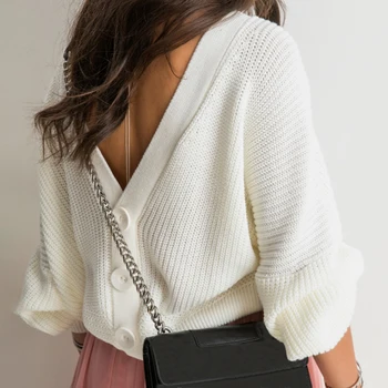 

2020 Woman Long Sleee Backless Knitted Sweaters Winter Autumn Casual Solid Loose Pulloer V-Neck Batwing Sleee Pulloers Top