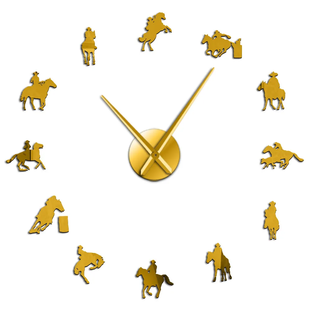 Rodeo DIY настенные художественные наклейки большие настенные часы ковбой домашний декор конь всадник силуэт бескаркасные современные дизайнерские гигантские настенные часы - Цвет: Gold