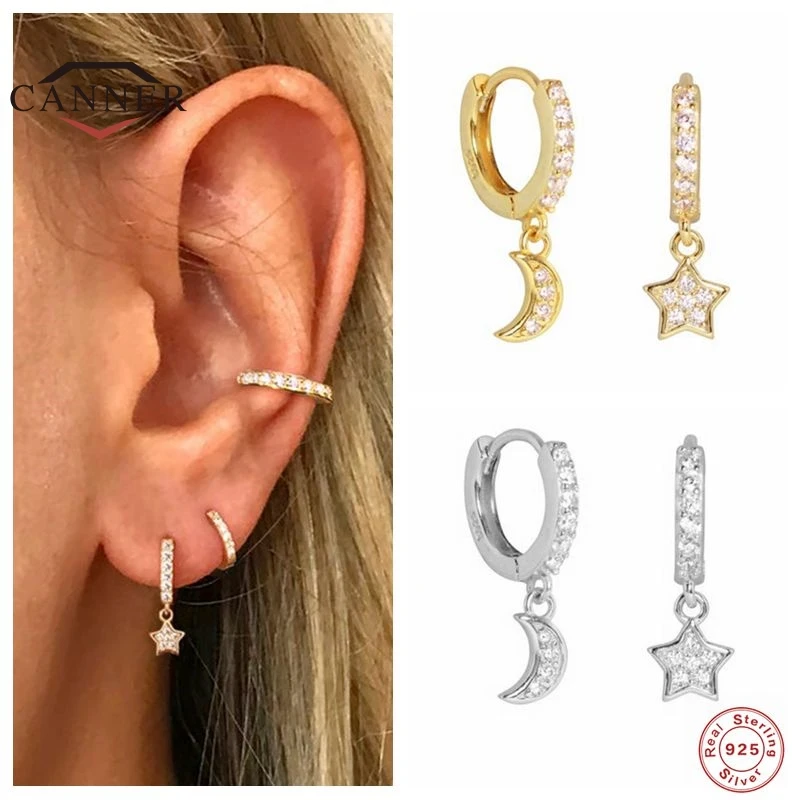 CANNER 100% de Plata de Ley 925 Pendientes de aro de plata para las mujeres, Luna y estrellas Piercing de Color oro Pendientes de la joyería Pendientes de botón Pendientes