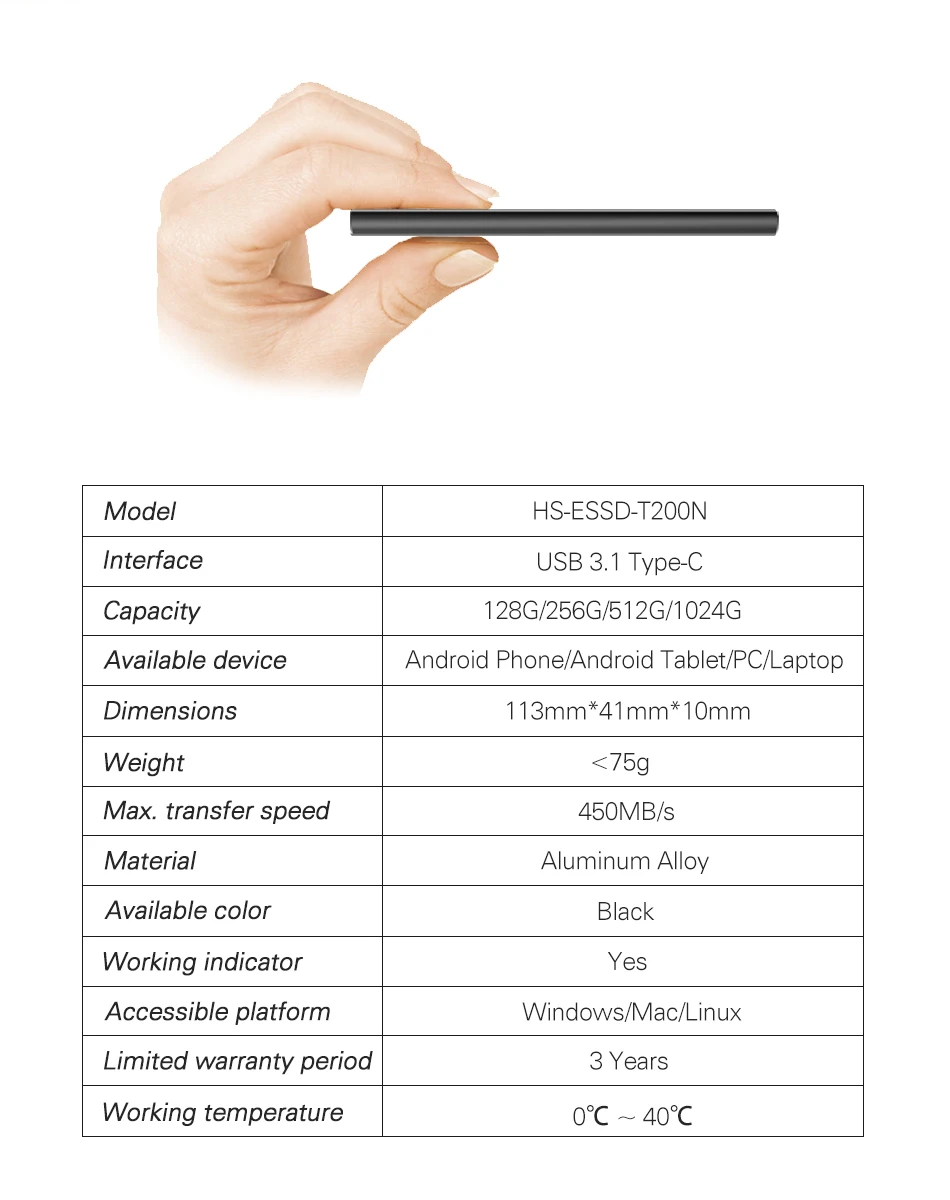 Hikvision Portable SSD T200N 512GB External SSD 1TB SSD USB3.1 Type-C Solid  State Disk up to 450MB/s PSSD Original Package