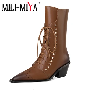 

MILI-MIYA Riding Equestrian Women Cow Leather Mid-Calf Boots Zipper Fashion Pointed Toe Square Heels Solid Color Plus Size 34-42