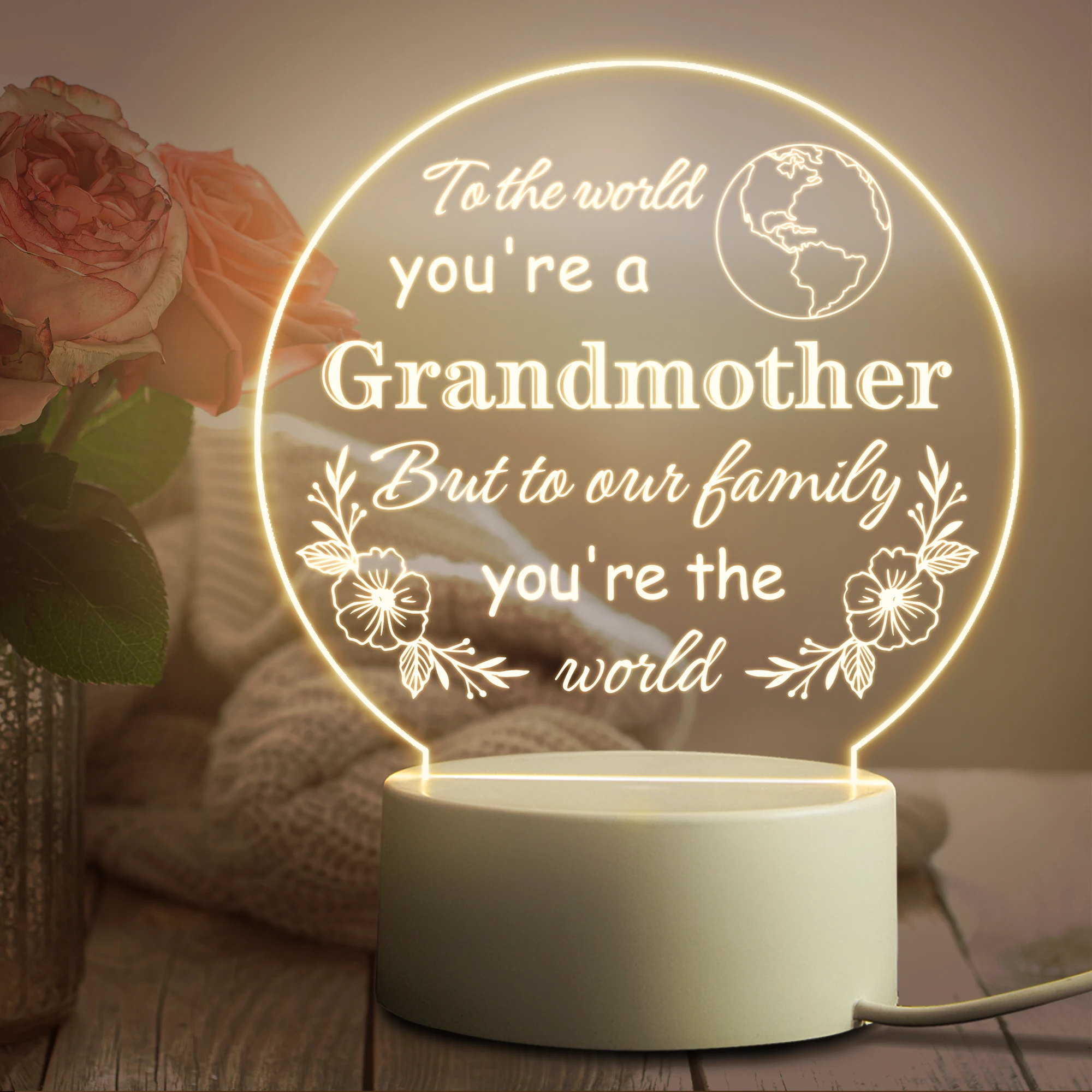 Grandma Gifts Night Light Personalized Engraved Acrylic USB 3D Night Lamp Christmas Thanksgiving  Birthday Gift for Grandmother bright night light