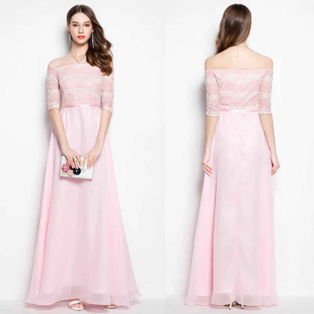 

Ck2024 New Style Evening Gown Long Lace off-Shoulder Chiffon Bridesmaid Dress Wedding Dress for Toast Women's