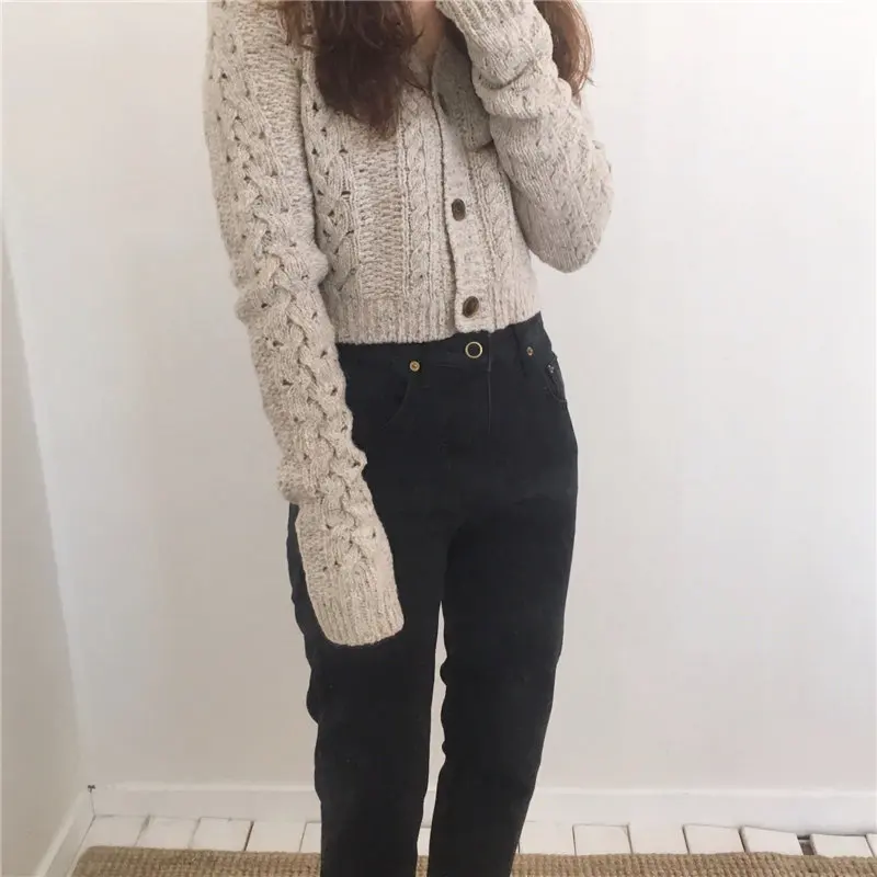 HziriP Vintage All-Match V-Neck Sexy Cardigans Twisted Hollow Out Fashion Slim Loose Knitted Women Casual Tops Short Sweaters