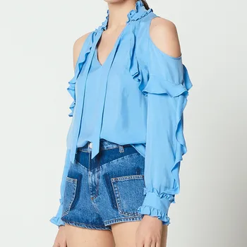

2020 Spring Summer Women's Solid Color Shirt Off Shoulder Bow Lace-up Ruffles Sweet Long Sleeve V-neck Blouse and Tops