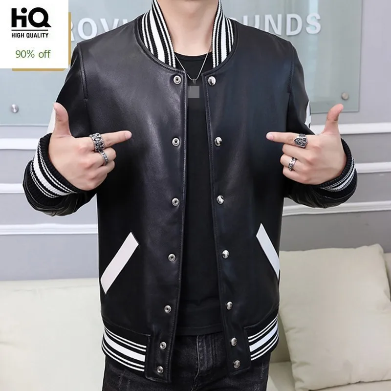 

100% Sheepskin Coat Men Fall Black Baseball Mens Leather Jacket High Quality Fashion Male Biker Jacket Jaqueta Masculina M-3XL