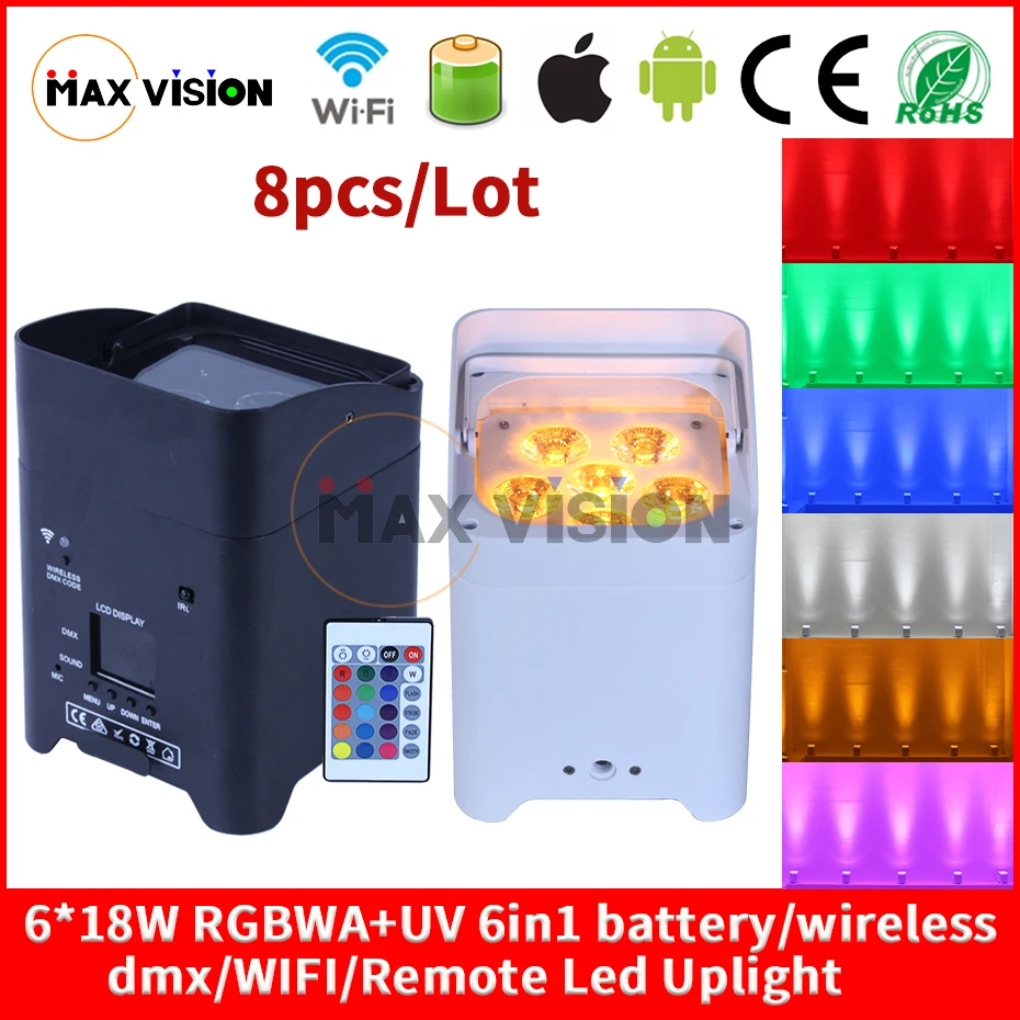 

8pcs Wireless DMX Battery Power RGBWA UV 6 IN 1 LED Par Can light with Wifi & Remote for Wedding uplights