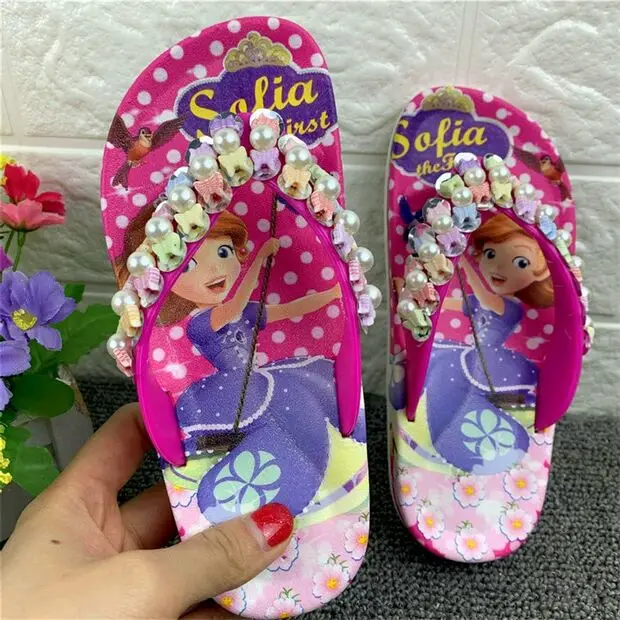 JY 2020 Summer Children girls Sofia with flower princess PVC beach Slippers Non-slip flip flop 26-39 2colors LS01