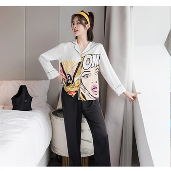 

Sexy Printed Womens Shirt Pants Pajamas Sets Sleepwear Home Wear Nightgown Suit Spring Autumn Sleepshirts Pants 2Pcs Sets