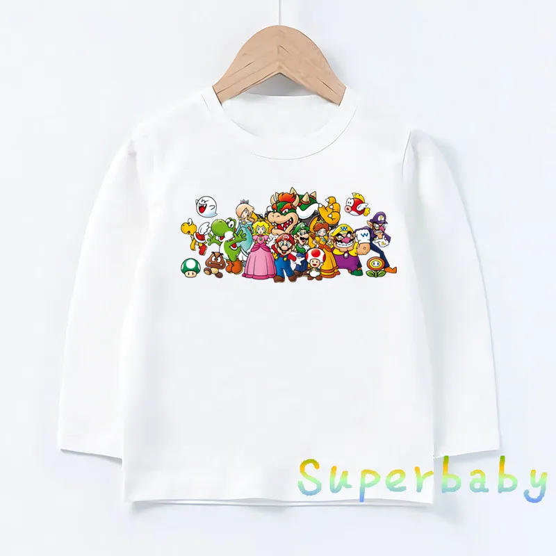 Детская футболка с принтом игры «Super Mario Bros» Забавные топы с героями мультфильмов для маленьких мальчиков и девочек, детская футболка с длинными рукавами LKP5185