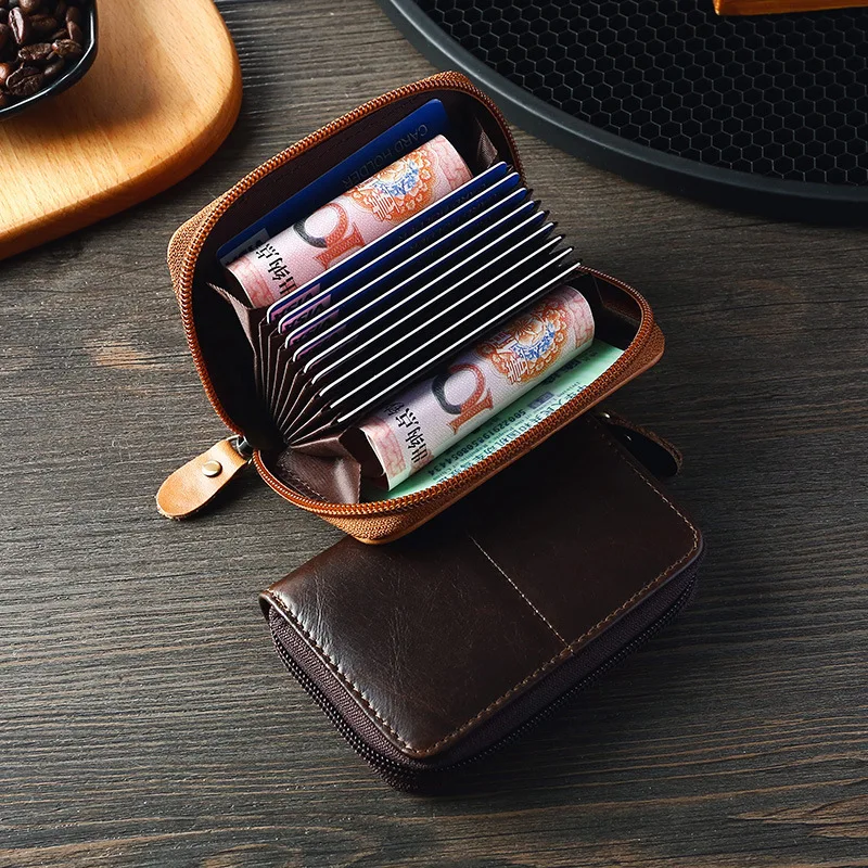 Cow Leather Business Card Holder Men Zipper Blue/Brown/Coffee Credit Card Wallet Male 2020 Retro Bank/ID/Credit Card Holder