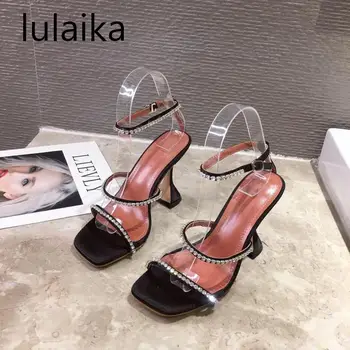 

2020 Summer Sexy Open Toe Gladiator Sandal Women Wedding Crystal Rhinestone Ankle Buckle Strap Strange High Heel Shoes 8 Cm