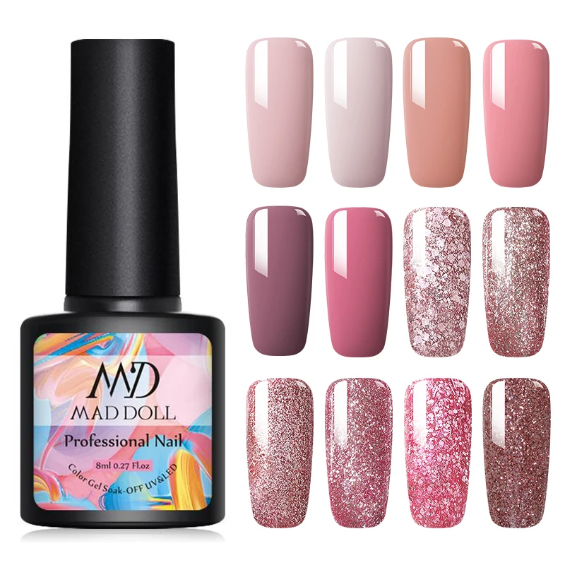 MAD DOLL 8 мл розовый Золотой Блеск УФ-гель для ногтей Блестящие Блестки замочить маникюрный гель для ногтей лак DIY лак для ногтей