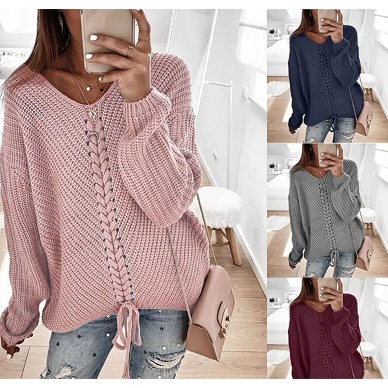

2019 women's loose stitching sweater solid color pullover autumn winter knitting sweater 5 colors S-3XL