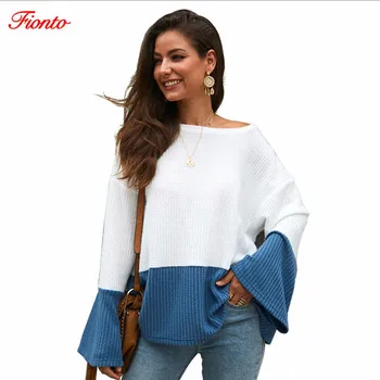 

Autumn Winter Models 2019 Fashion Contrast Color Stitching Sweater Long Sleeve Loose Knit Sweater Casual Wild Pullover ZF11218