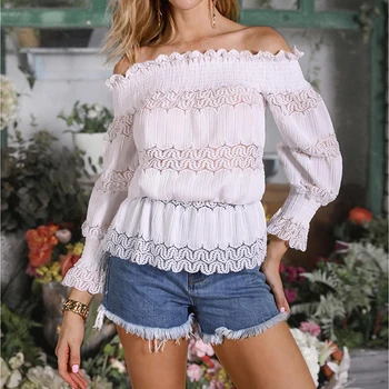 

White Sexy Slash Neck Women Lace Patchwork Long Sleeve Elegant Blouse Shirt Ladies Spring Casual Harajuku Boho Tops 2020 SJ5253M