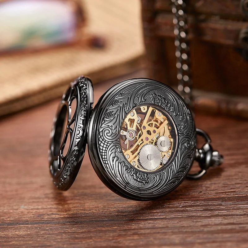 2021 New Black Mechanical Pocket Watch Vintage Pendant Hollow Exquisite Hand-winding Pocket Clock for Unisex  Relogio De Bolso