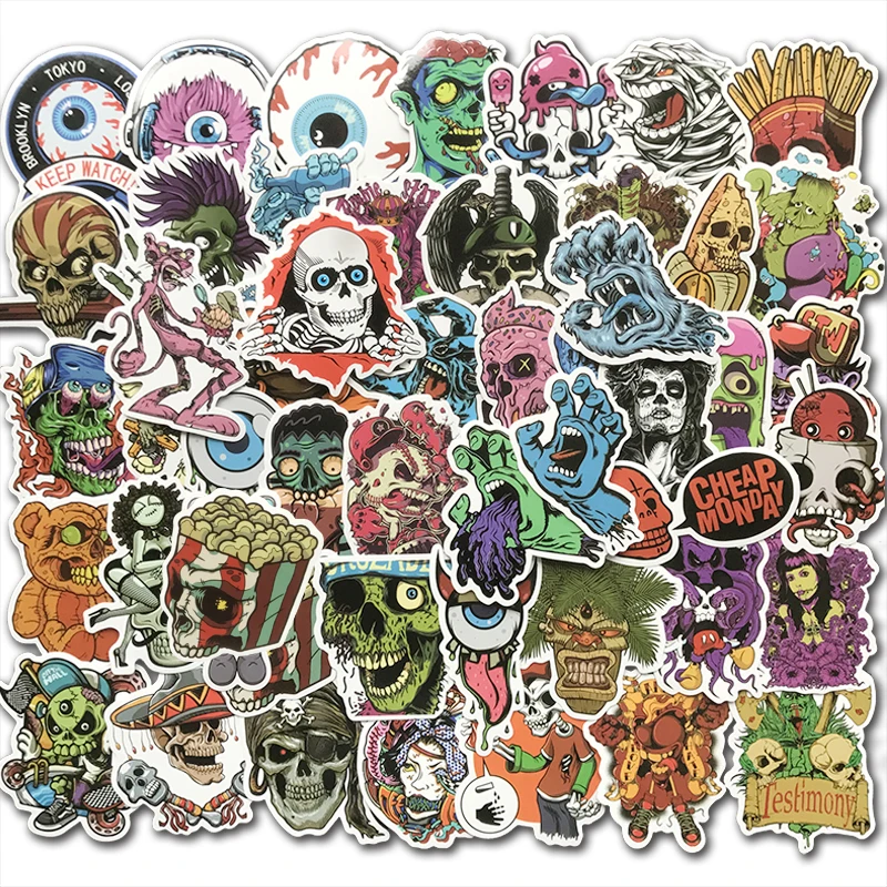 

50Pcs Cool Skull Horror Series Stickers Rock Punk Graffiti Sexy Waterproof Sticker Bomb For Skateboard Luggage Laptop Helmet Car