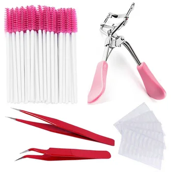 

50Pcs Disposable Eyelash Brush 1Pc Eyelash Curler 2Pcs Eyelash Extension Tweezers 100 Pcs Fabrics Pads Set