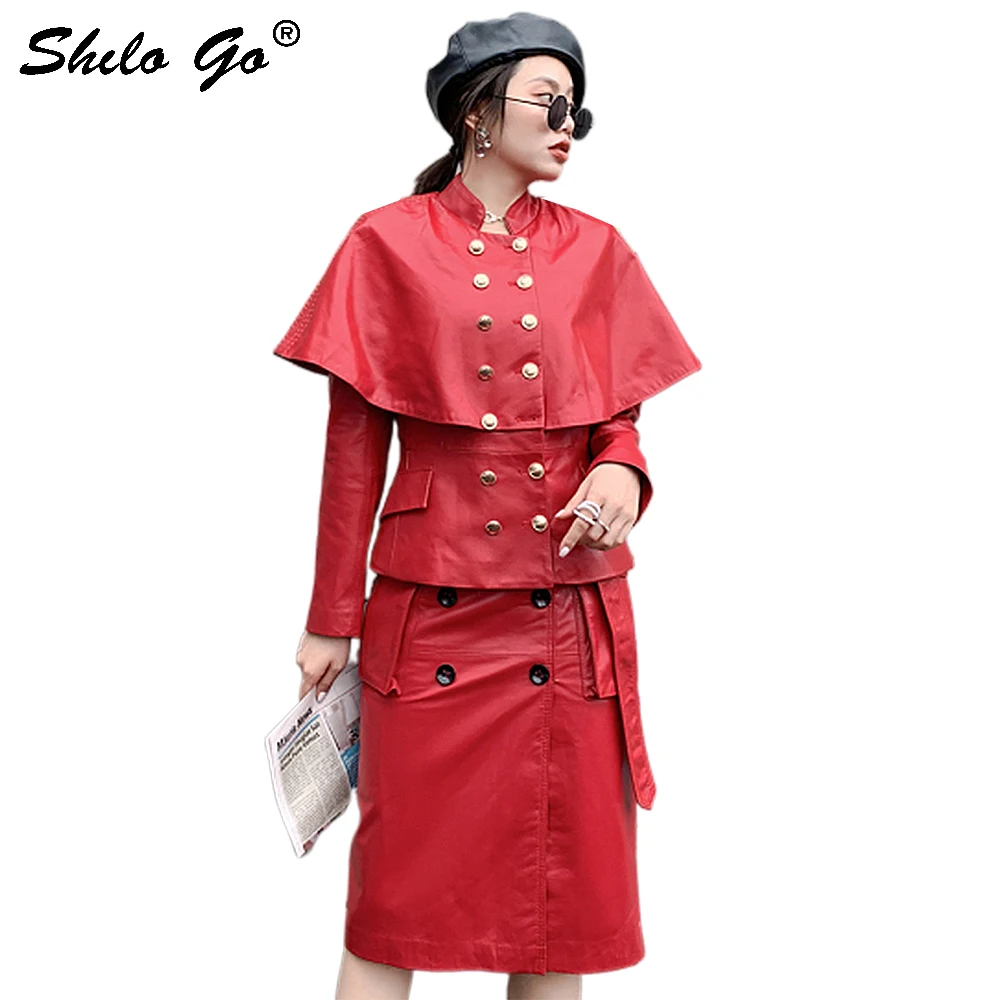 Genuine Leather Coat Modern Lady Going Out Party Black Elegant Double Breasted Solid Cape Long Sleeve Cloak Sleeve Outwear
