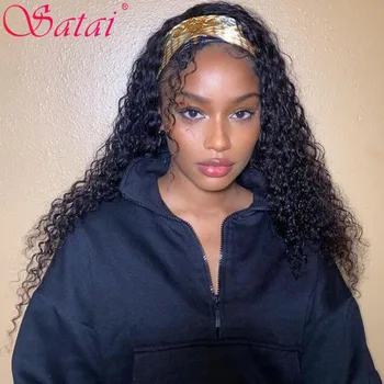 

Satai Brazilian Jerry Curly HeadBand Wig Human Hair Full Machine Made Wig Remy Human Hair Wig With Headband For Women