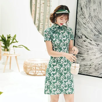 

New Style Short Chinese Dress Ladies Vintage Cheongsam Oriental Dress Lace Fabric Mini Qipao Floral Green 3XL